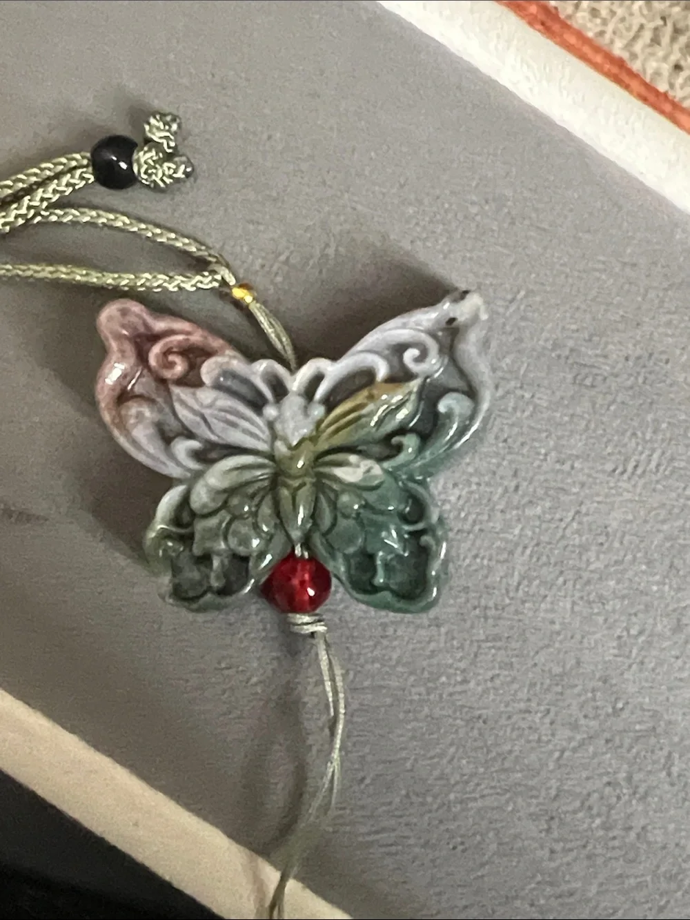 Carved Multicolored Jade Butterfly Pendant Necklace Pink Lavender Green